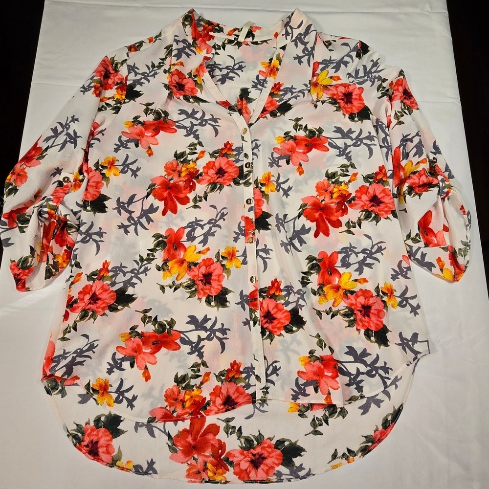 DNA Couture Womens Floral Button Down Blouse‎ Roll Tab Sleeve Red White Large